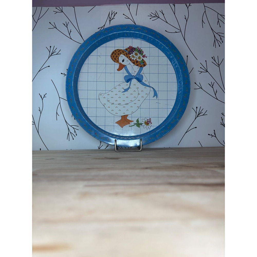 Vtg Giftco Inc Round Metal Serving Tray Country Goose Floral Sun Hat Blue 13"